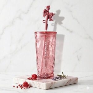 NWT Starbucks 2025 Winter Blush Pink Snow Glass Tumbler 18oz & Bow Straw Topper